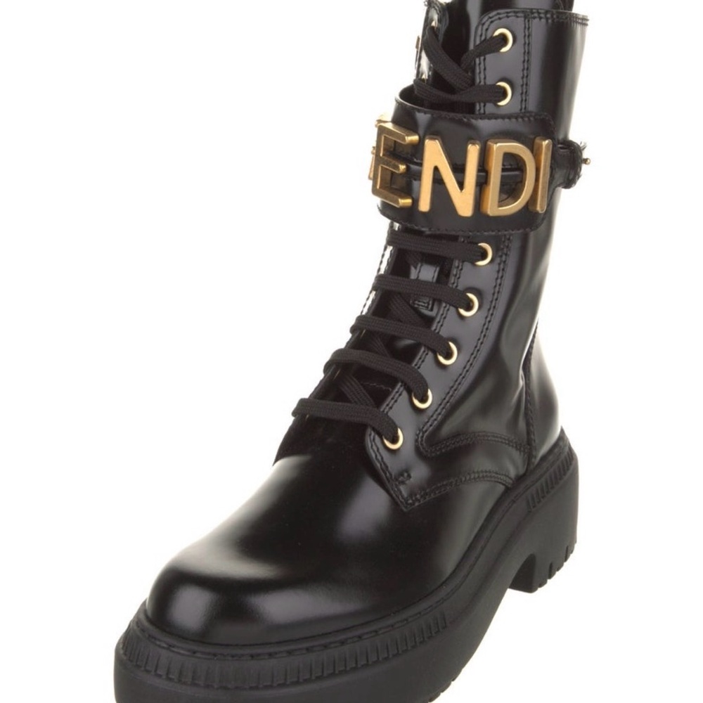 Fendi Black Leather Lace-Up Combat Boots with Gold Logo Buckle - Picture 8 of 8